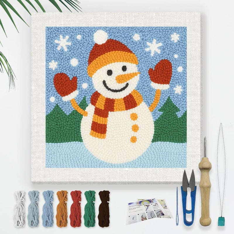 DOODLREAM Christmas Snowman DIY Punch Needle Embroidery Kit for Adult Beginner, 9.4" Snowman Punch Stitching Craft Set for Starter with Frame, Fabric Pattern, Threader, Yarn, Pinch Needle - Image 1